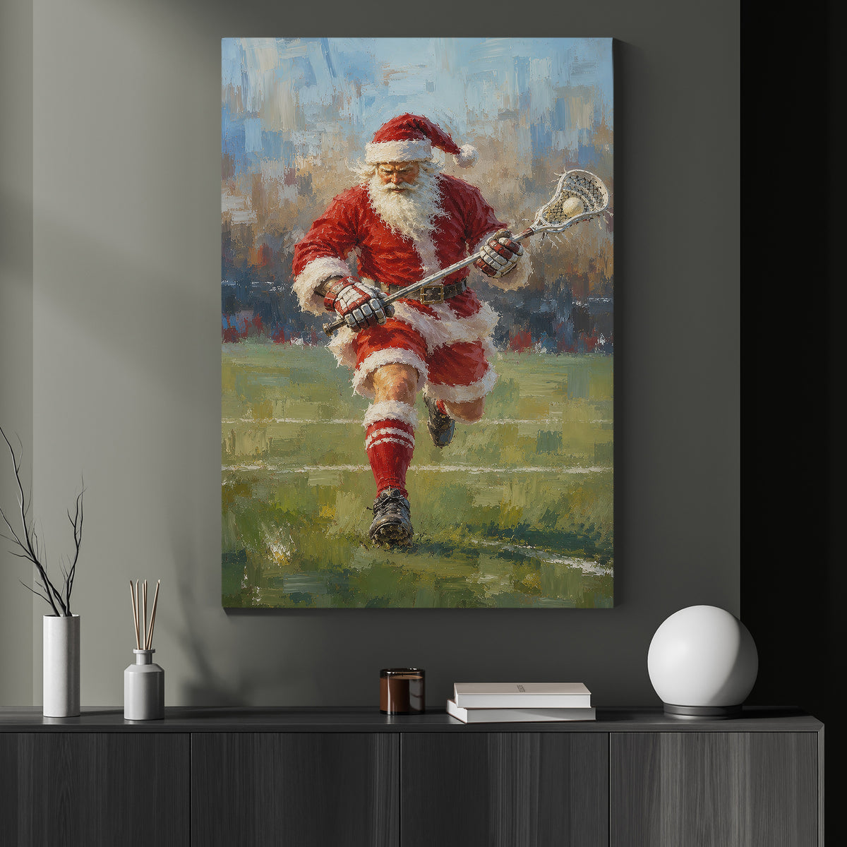 Christmas Lacrosse Canvas Painting, Santa Playing Lacrosse Sport Oil Painting Wall Art Decor, Xmas Poster Gift For Lacrosse Lover
