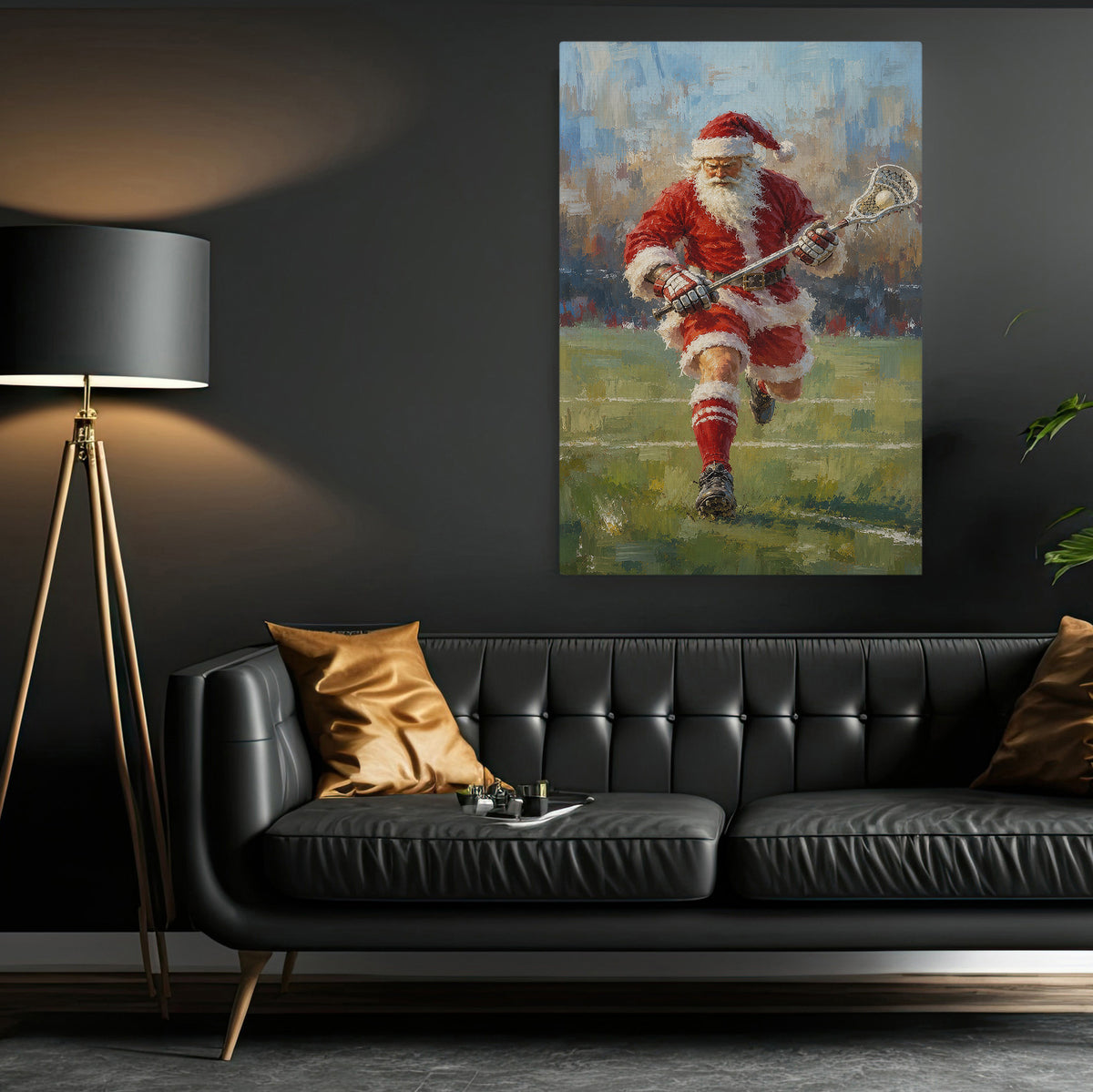 Christmas Lacrosse Canvas Painting, Santa Playing Lacrosse Sport Oil Painting Wall Art Decor, Xmas Poster Gift For Lacrosse Lover