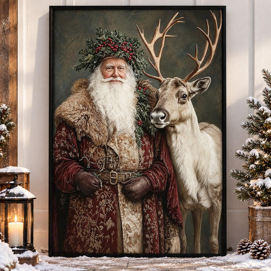 Christmas Santa Claus And Reindeer Canvas Painting, The Christmas Companions Wall Art Decor, Xmas Poster Gift For Reindeer Lover