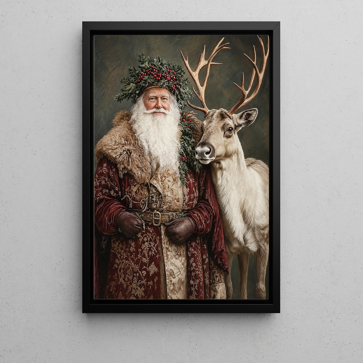 Christmas Santa Claus And Reindeer Canvas Painting, The Christmas Companions Wall Art Decor, Xmas Poster Gift For Reindeer Lover