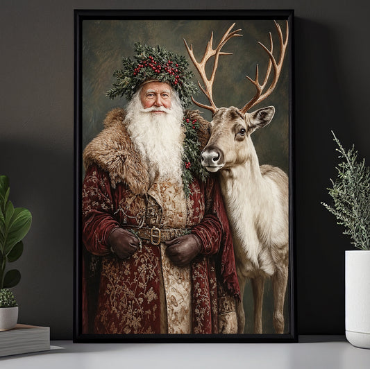 Christmas Santa Claus And Reindeer Canvas Painting, The Christmas Companions Wall Art Decor, Xmas Poster Gift For Reindeer Lover
