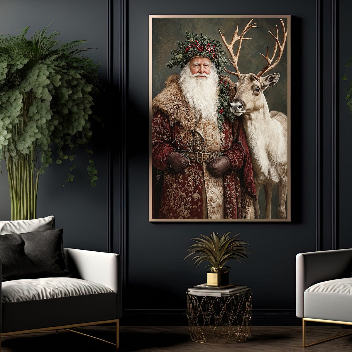 Christmas Santa Claus And Reindeer Canvas Painting, The Christmas Companions Wall Art Decor, Xmas Poster Gift For Reindeer Lover
