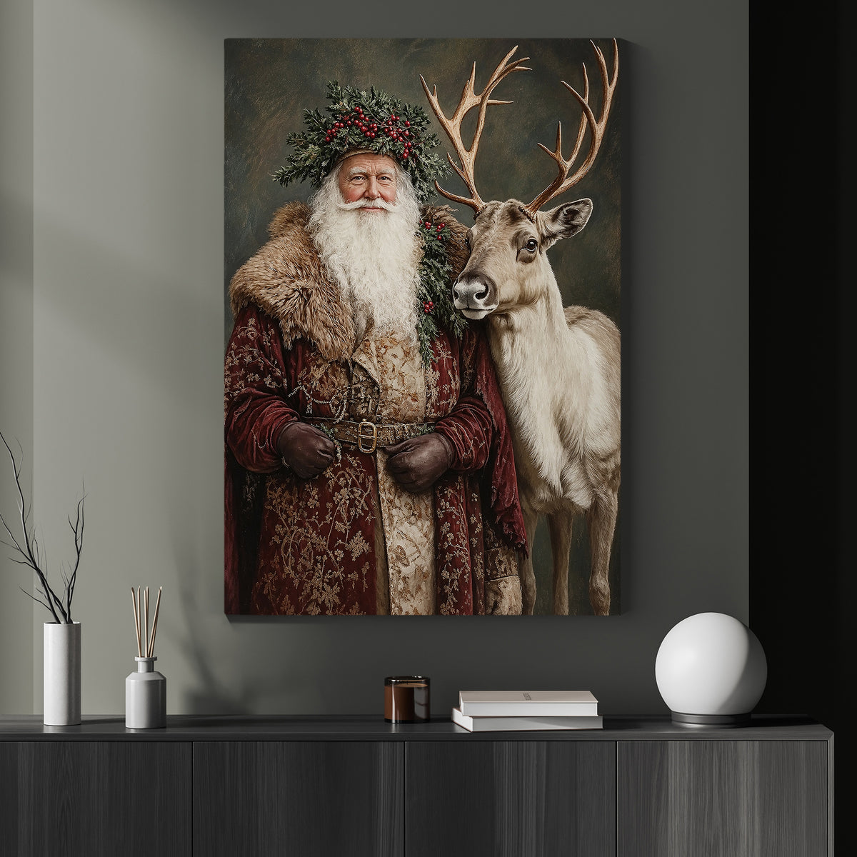 Christmas Santa Claus And Reindeer Canvas Painting, The Christmas Companions Wall Art Decor, Xmas Poster Gift For Reindeer Lover