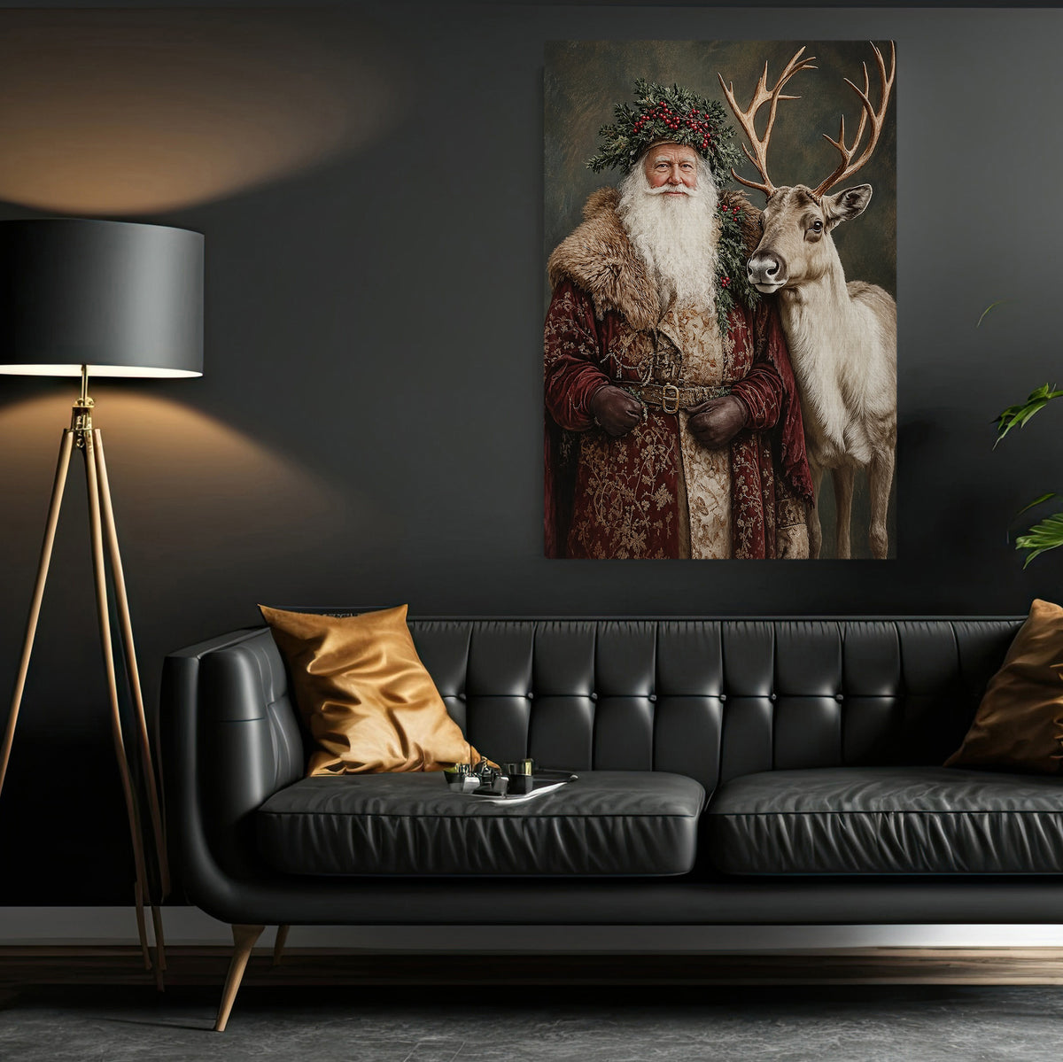 Christmas Santa Claus And Reindeer Canvas Painting, The Christmas Companions Wall Art Decor, Xmas Poster Gift For Reindeer Lover