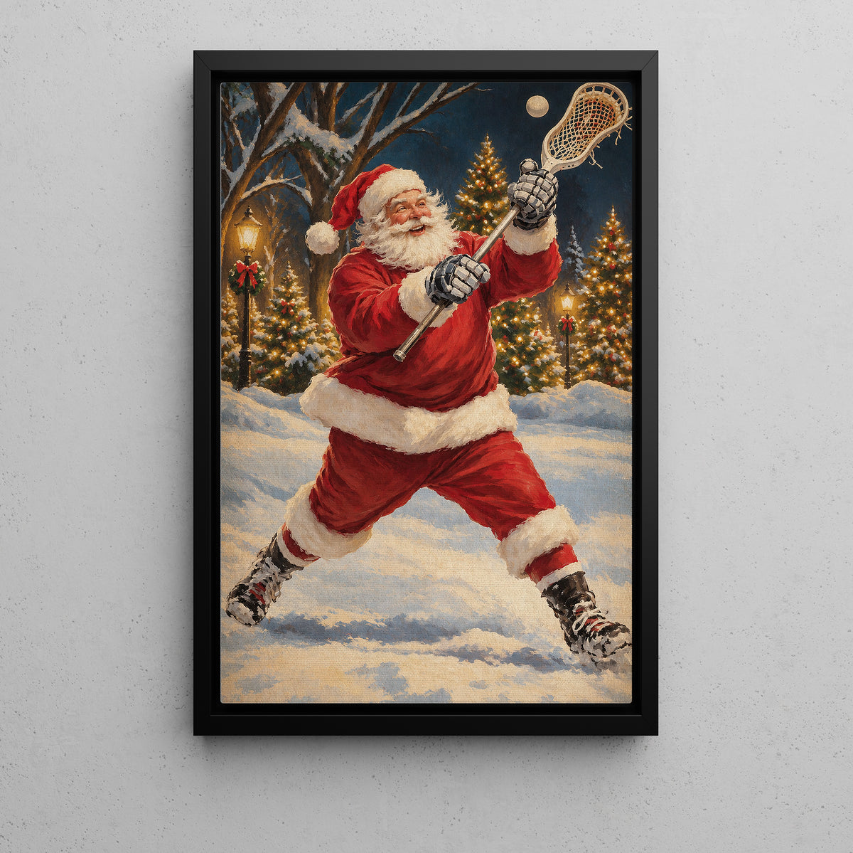Christmas Lacrosse Canvas Painting, Santa Playing Lacrosse Sport Oil Painting Wall Art Decor, Xmas Poster Gift For Lacrosse Lover