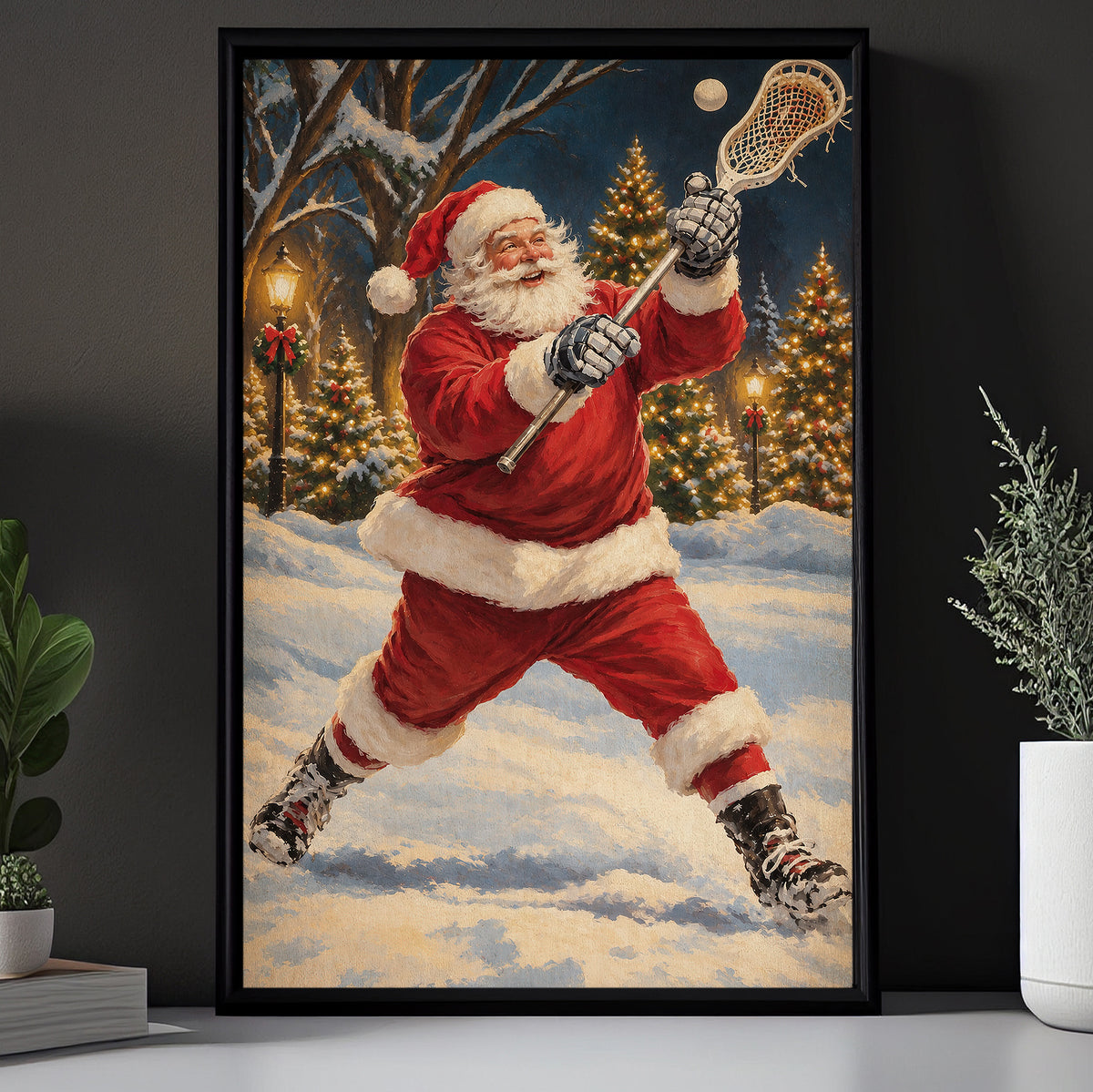 Christmas Lacrosse Canvas Painting, Santa Playing Lacrosse Sport Oil Painting Wall Art Decor, Xmas Poster Gift For Lacrosse Lover
