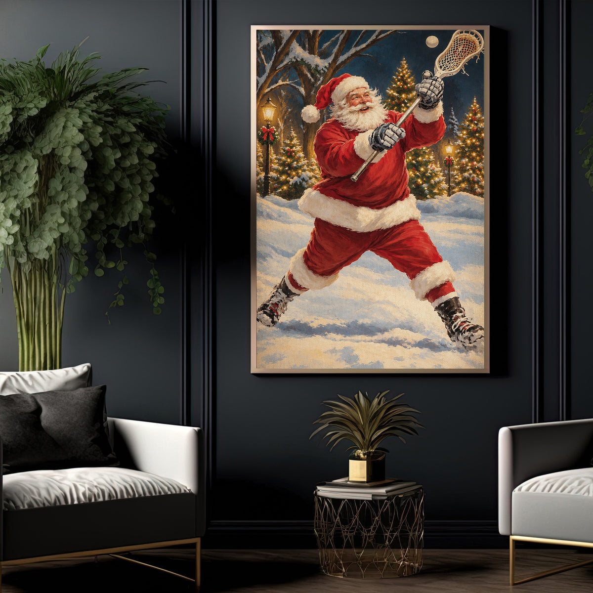 Christmas Lacrosse Canvas Painting, Santa Playing Lacrosse Sport Oil Painting Wall Art Decor, Xmas Poster Gift For Lacrosse Lover