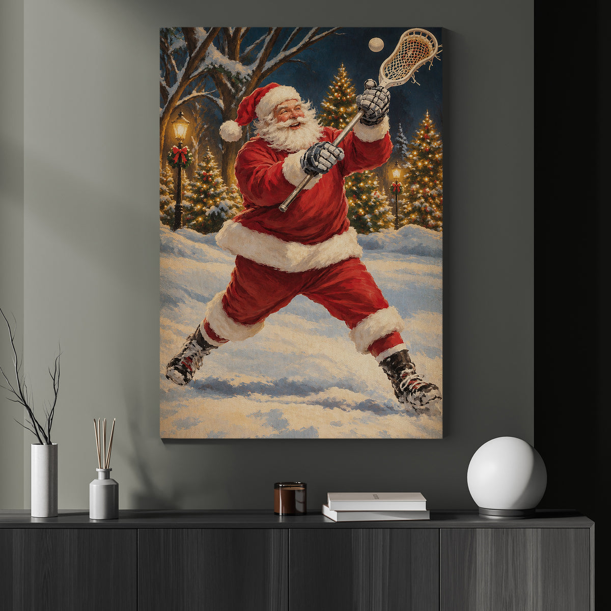 Christmas Lacrosse Canvas Painting, Santa Playing Lacrosse Sport Oil Painting Wall Art Decor, Xmas Poster Gift For Lacrosse Lover