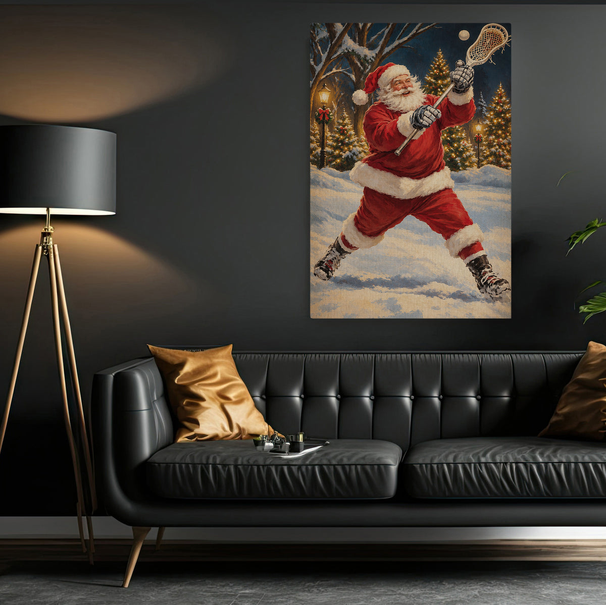 Christmas Lacrosse Canvas Painting, Santa Playing Lacrosse Sport Oil Painting Wall Art Decor, Xmas Poster Gift For Lacrosse Lover