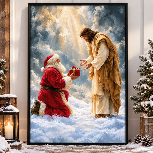 Christmas Santa Kneeling Before Jesus Canvas Painting, Jesus Is The Reason For The Season Wall Art Decor, Xmas Poster Gift For Christians