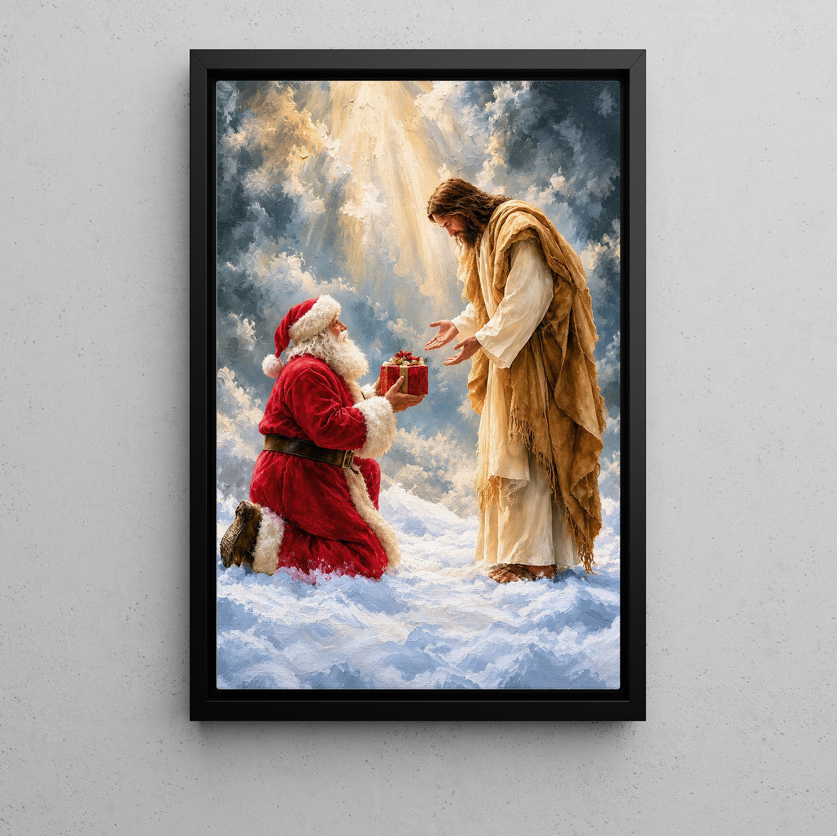 Christmas Santa Kneeling Before Jesus Canvas Painting, Jesus Is The Reason For The Season Wall Art Decor, Xmas Poster Gift For Christians