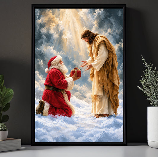 Christmas Santa Kneeling Before Jesus Canvas Painting, Jesus Is The Reason For The Season Wall Art Decor, Xmas Poster Gift For Christians
