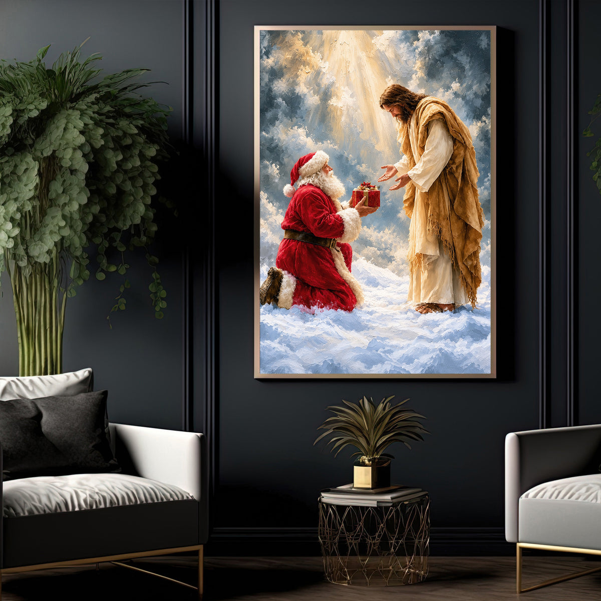 Christmas Santa Kneeling Before Jesus Canvas Painting, Jesus Is The Reason For The Season Wall Art Decor, Xmas Poster Gift For Christians