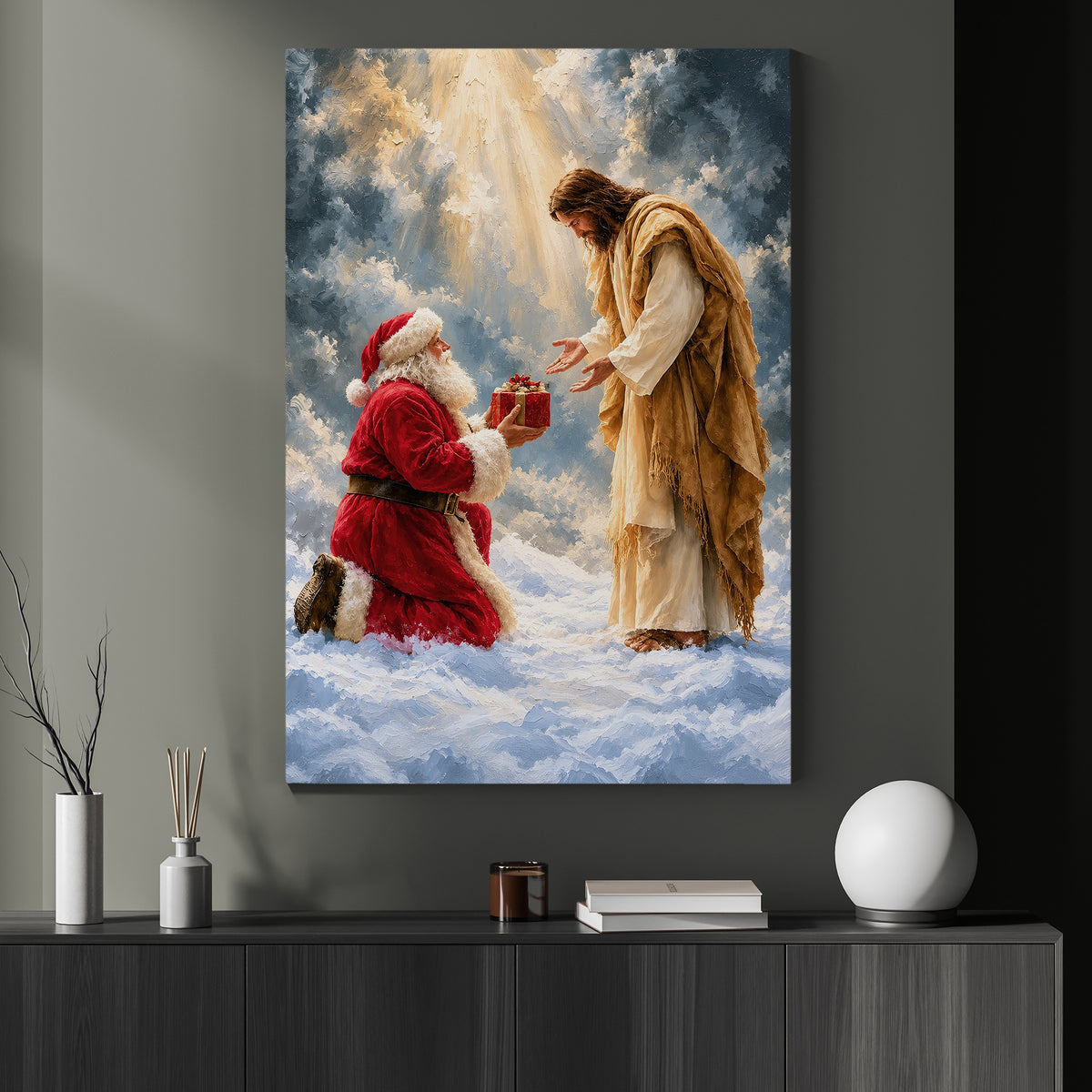 Christmas Santa Kneeling Before Jesus Canvas Painting, Jesus Is The Reason For The Season Wall Art Decor, Xmas Poster Gift For Christians