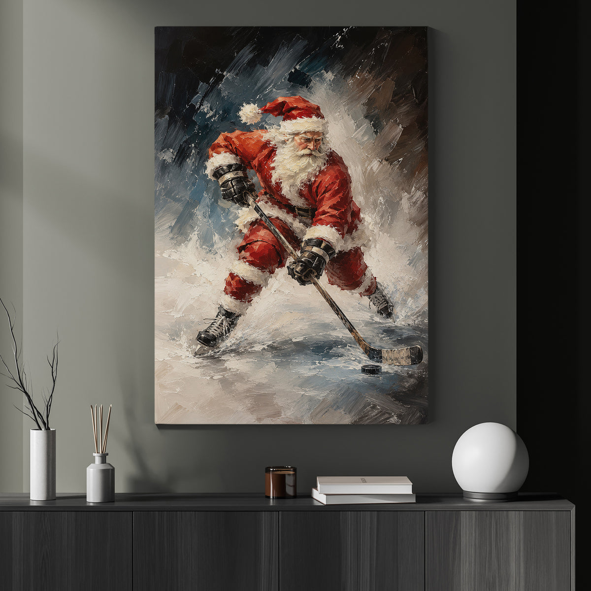 Christmas Hockey Canvas Painting, Santa Playing Ice Hockey Sport Oil Painting Wall Art Decor, Xmas Poster Gift For Hockey Lover