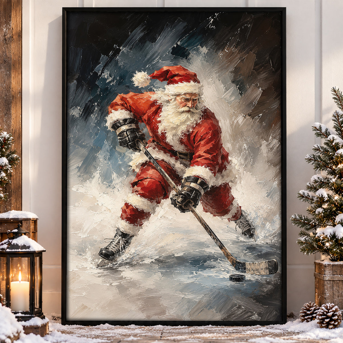 Christmas Hockey Canvas Painting, Santa Playing Ice Hockey Sport Oil Painting Wall Art Decor, Xmas Poster Gift For Hockey Lover