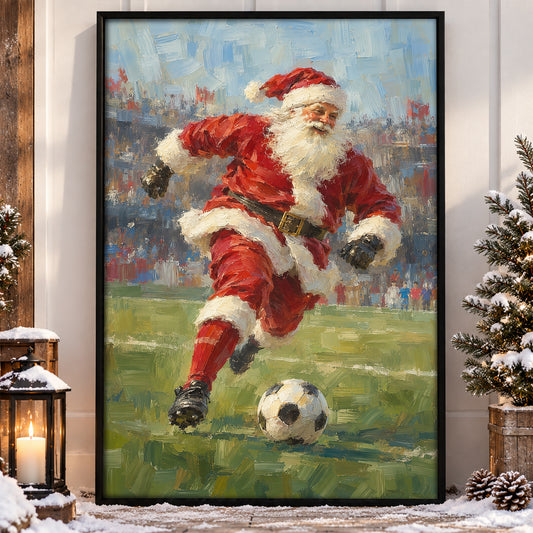 Christmas Santa Claus Soccer Canvas Painting, Santa Playing Soccer Sport Oil Painting Wall Art Decor, Xmas Poster Gift For Soccer Lover