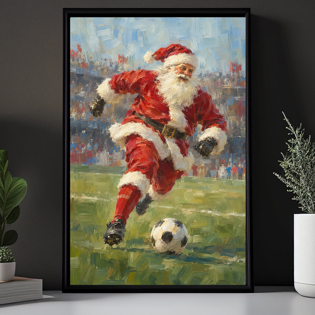 Christmas Santa Claus Soccer Canvas Painting, Santa Playing Soccer Sport Oil Painting Wall Art Decor, Xmas Poster Gift For Soccer Lover
