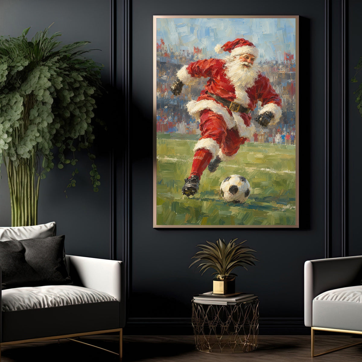 Christmas Santa Claus Soccer Canvas Painting, Santa Playing Soccer Sport Oil Painting Wall Art Decor, Xmas Poster Gift For Soccer Lover