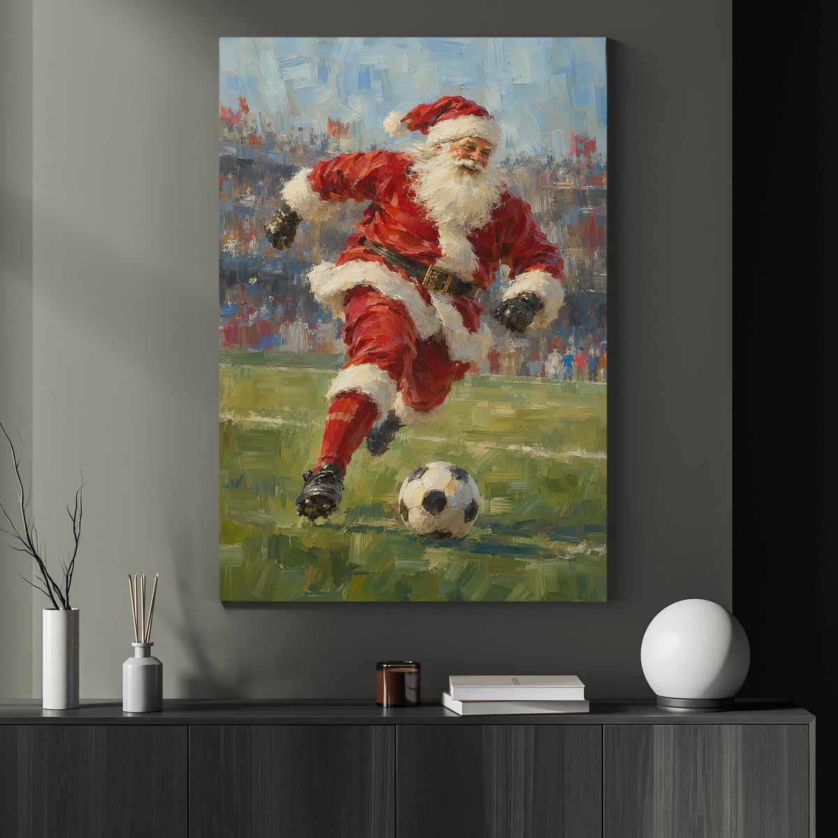 Christmas Santa Claus Soccer Canvas Painting, Santa Playing Soccer Sport Oil Painting Wall Art Decor, Xmas Poster Gift For Soccer Lover