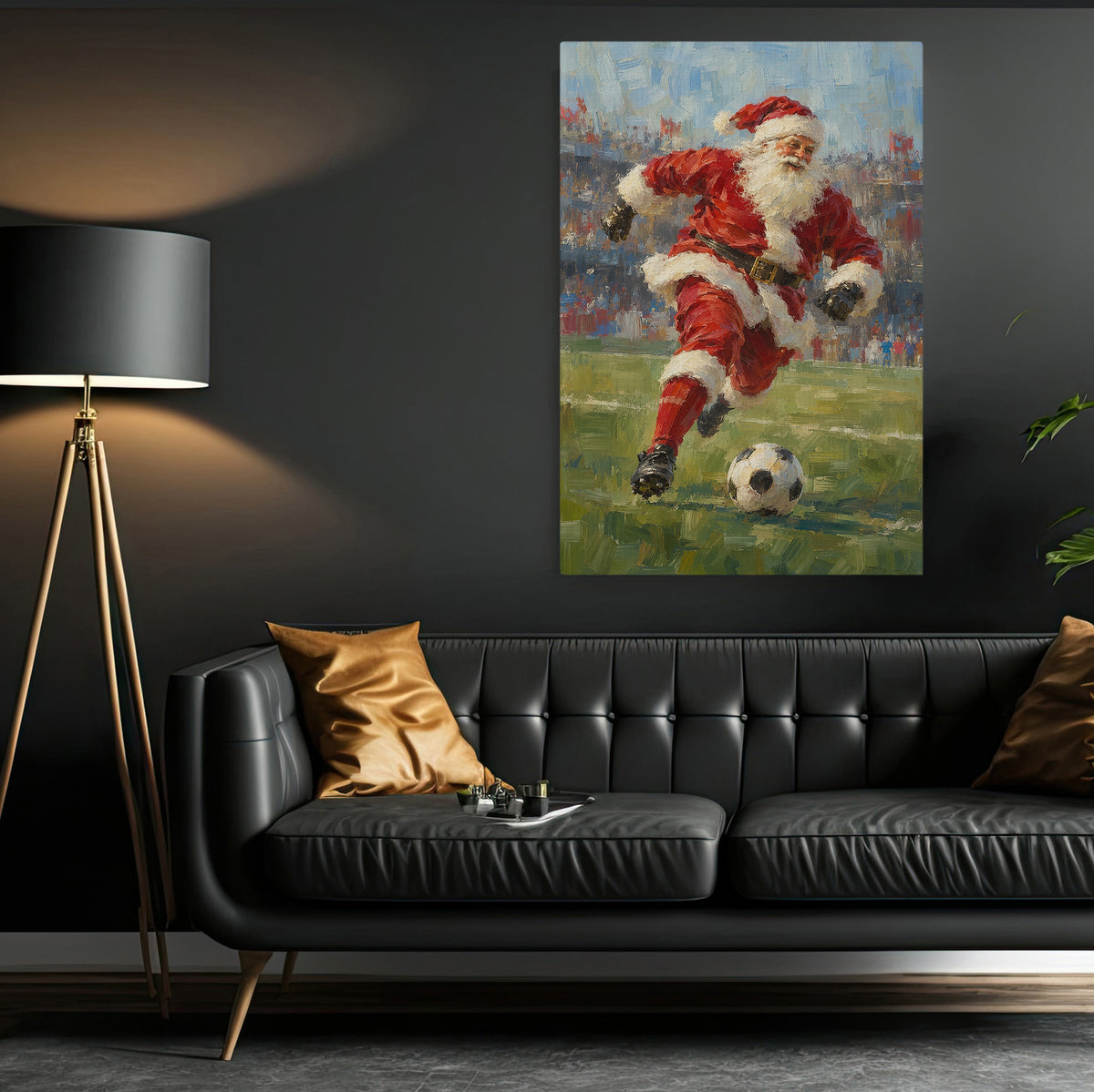 Christmas Santa Claus Soccer Canvas Painting, Santa Playing Soccer Sport Oil Painting Wall Art Decor, Xmas Poster Gift For Soccer Lover