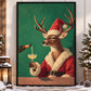 Funny Christmas Reindeer Canvas Painting, Deer In Santa Suit Drinking Champagne Wall Art Decor, Xmas Poster Gift For Wine Lover