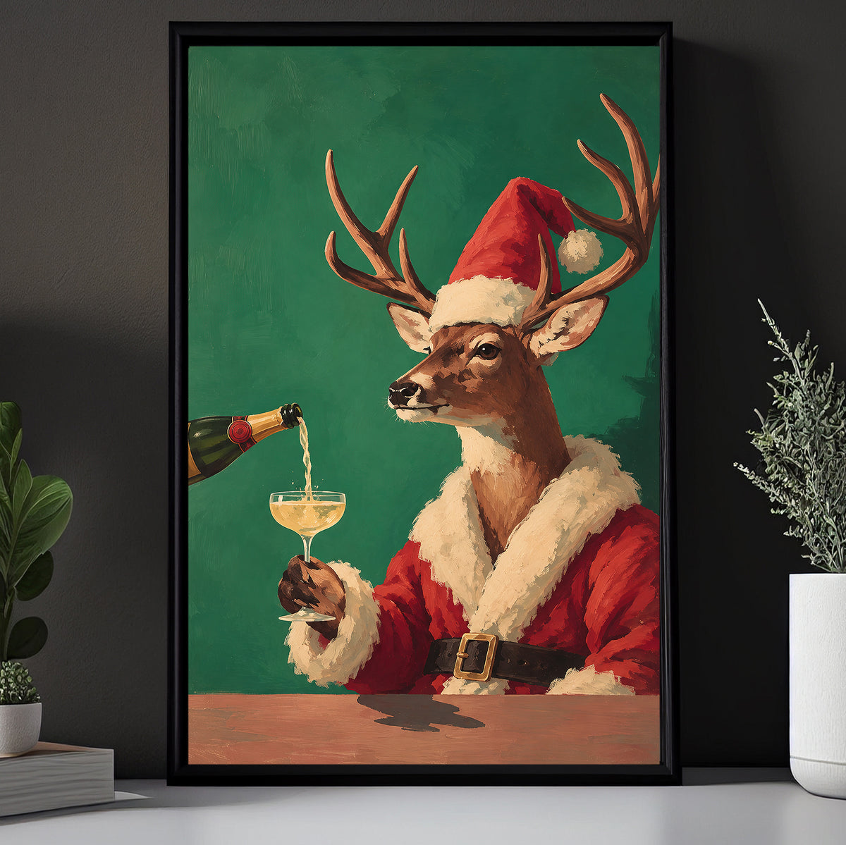 Funny Christmas Reindeer Canvas Painting, Deer In Santa Suit Drinking Champagne Wall Art Decor, Xmas Poster Gift For Wine Lover
