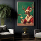 Funny Christmas Reindeer Canvas Painting, Deer In Santa Suit Drinking Champagne Wall Art Decor, Xmas Poster Gift For Wine Lover