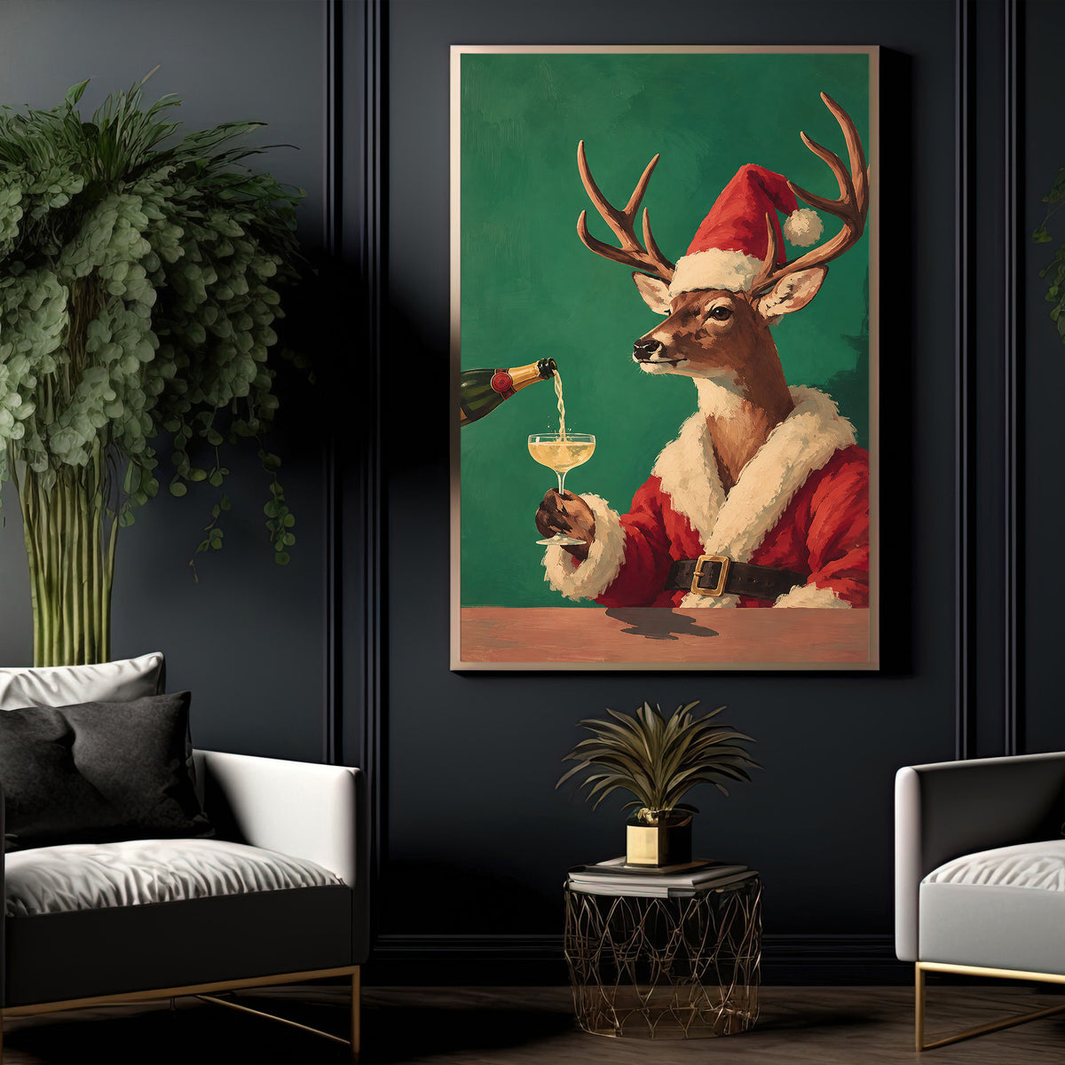Funny Christmas Reindeer Canvas Painting, Deer In Santa Suit Drinking Champagne Wall Art Decor, Xmas Poster Gift For Wine Lover