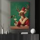 Funny Christmas Reindeer Canvas Painting, Deer In Santa Suit Drinking Champagne Wall Art Decor, Xmas Poster Gift For Wine Lover