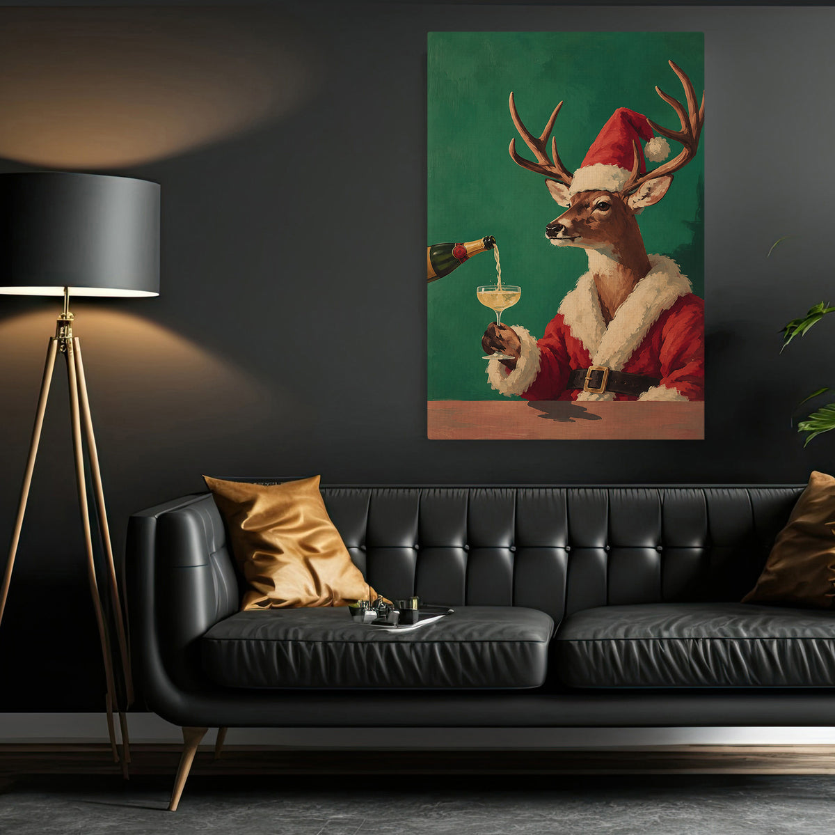 Funny Christmas Reindeer Canvas Painting, Deer In Santa Suit Drinking Champagne Wall Art Decor, Xmas Poster Gift For Wine Lover