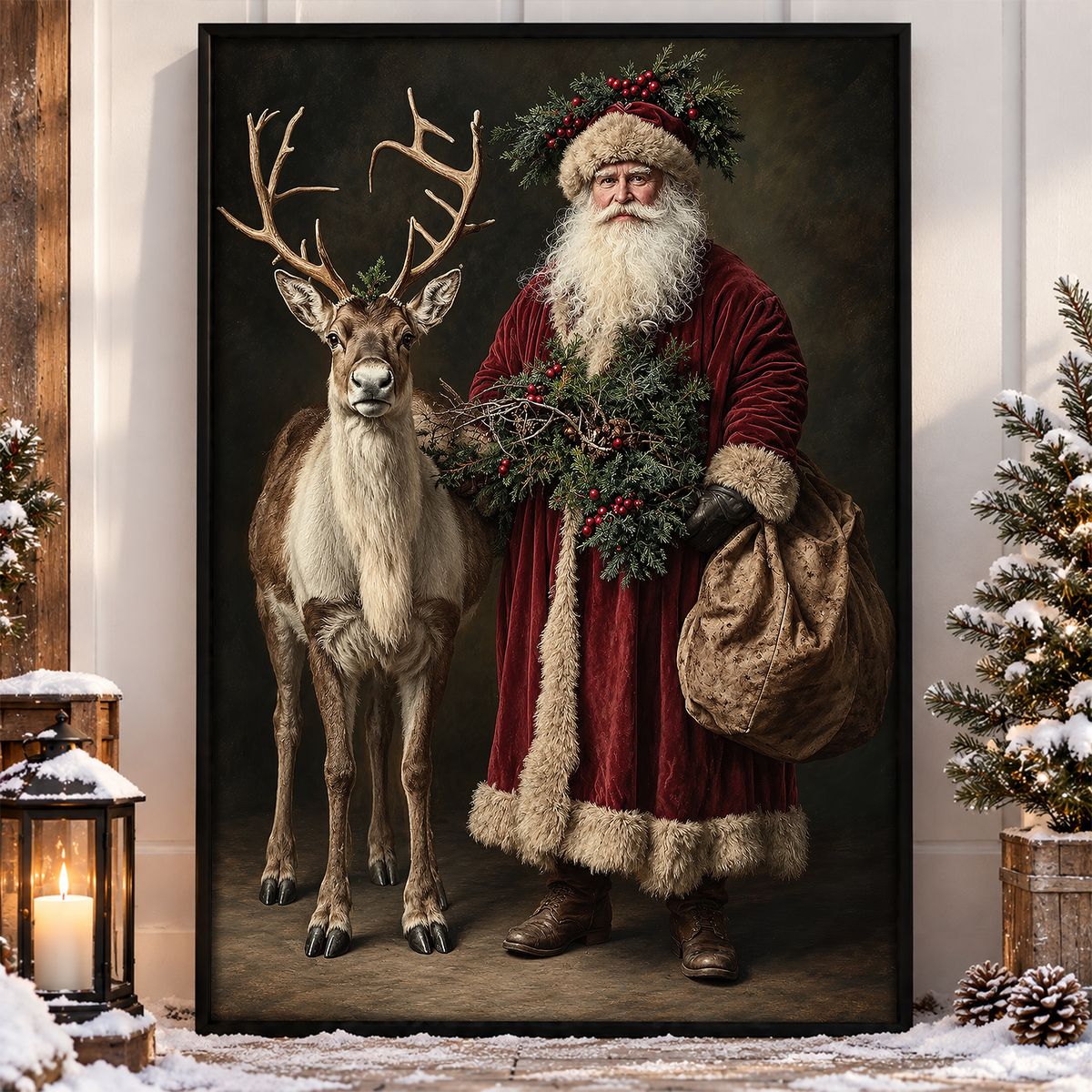 Christmas Santa Claus And Reindeer Canvas Painting, Santa's Faithful Companion Wall Art Decor, Xmas Poster Gift For Reindeer Lover
