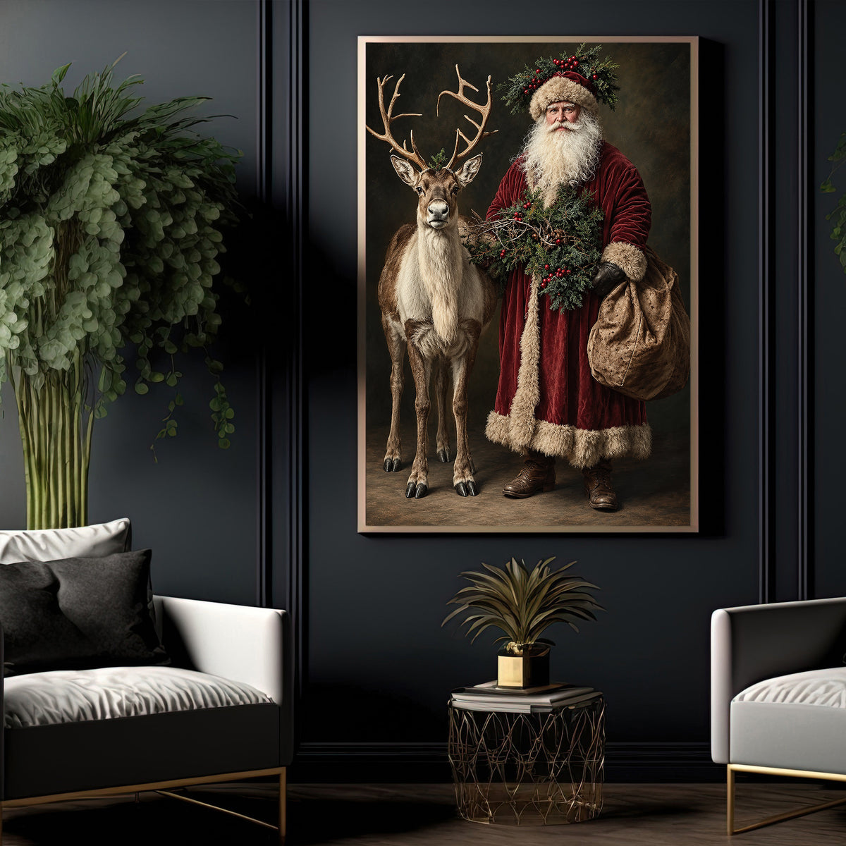 Christmas Santa Claus And Reindeer Canvas Painting, Santa's Faithful Companion Wall Art Decor, Xmas Poster Gift For Reindeer Lover