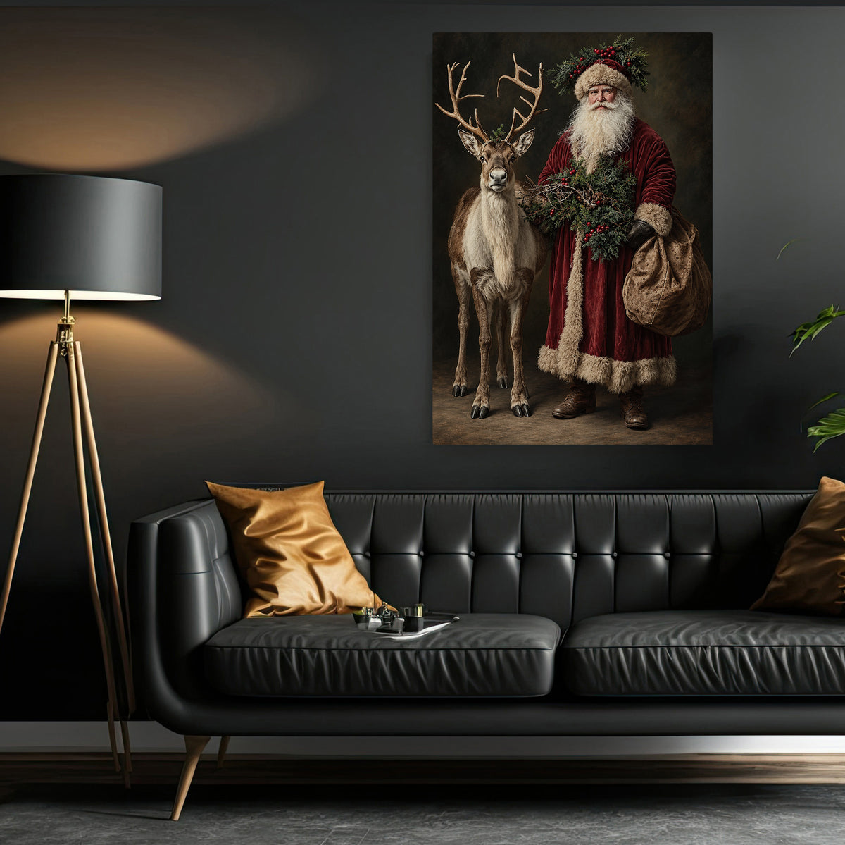 Christmas Santa Claus And Reindeer Canvas Painting, Santa's Faithful Companion Wall Art Decor, Xmas Poster Gift For Reindeer Lover