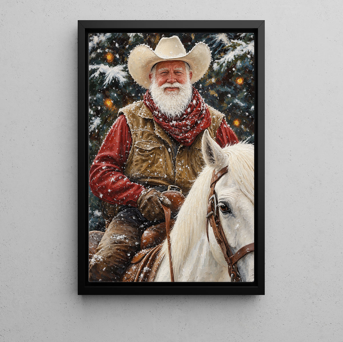 Christmas Cowboy Canvas Painting, Santa Riding White Horse Wall Art Decor, Xmas Poster Gift For Cowboys
