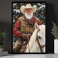 Christmas Cowboy Canvas Painting, Santa Riding White Horse Wall Art Decor, Xmas Poster Gift For Cowboys
