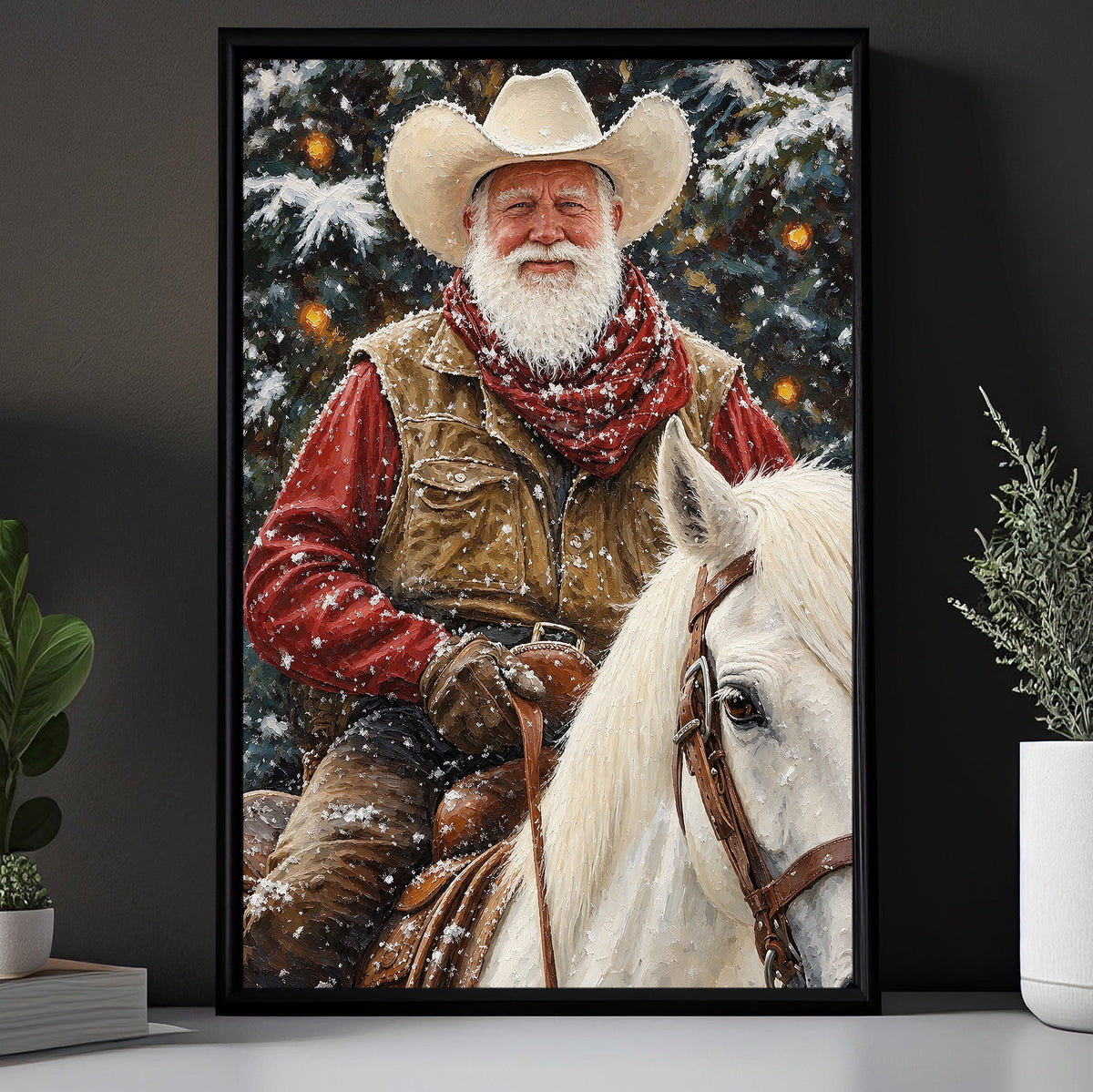 Christmas Cowboy Canvas Painting, Santa Riding White Horse Wall Art Decor, Xmas Poster Gift For Cowboys