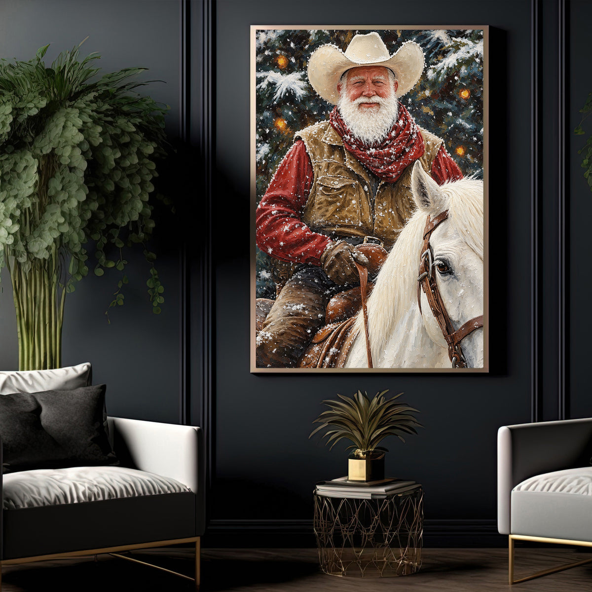 Christmas Cowboy Canvas Painting, Santa Riding White Horse Wall Art Decor, Xmas Poster Gift For Cowboys