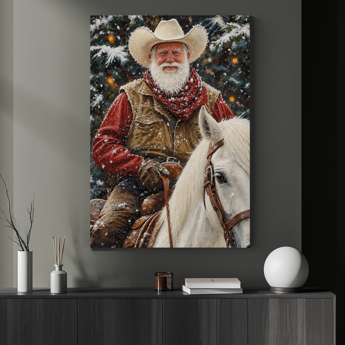 Christmas Cowboy Canvas Painting, Santa Riding White Horse Wall Art Decor, Xmas Poster Gift For Cowboys