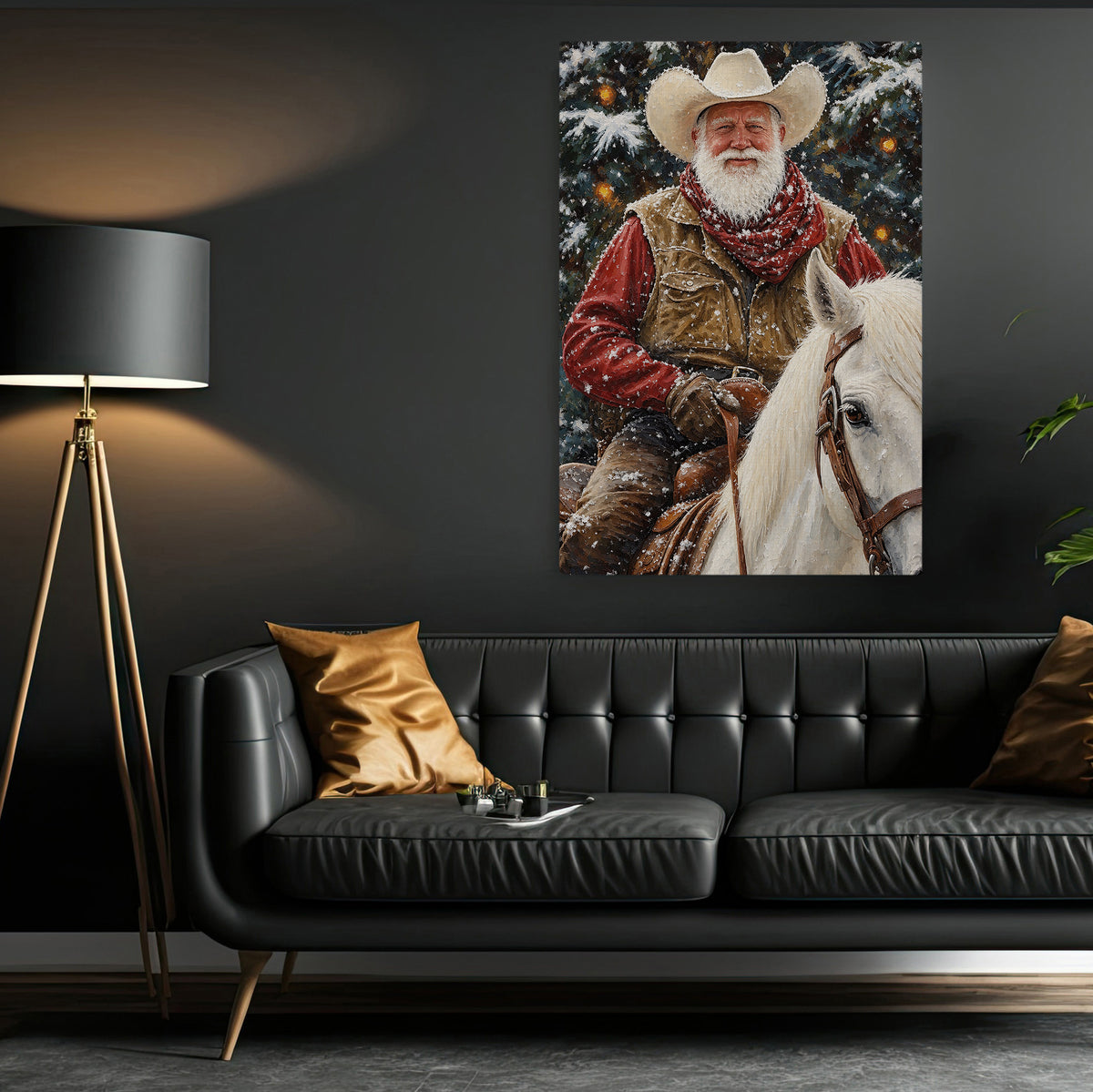 Christmas Cowboy Canvas Painting, Santa Riding White Horse Wall Art Decor, Xmas Poster Gift For Cowboys