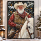 Christmas Cowboy Canvas Painting, Santa Riding White Horse Wall Art Decor, Xmas Poster Gift For Cowboys