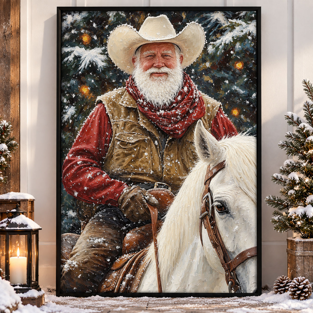 Christmas Cowboy Canvas Painting, Santa Riding White Horse Wall Art Decor, Xmas Poster Gift For Cowboys