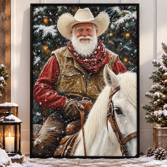 Christmas Cowboy Canvas Painting, Santa Riding White Horse Wall Art Decor, Xmas Poster Gift For Cowboys