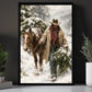 Christmas Santa Cowboy Canvas Painting, Cowboy And Horse Bringing Home Wall Art Decor, Xmas Poster Gift For Cowboys
