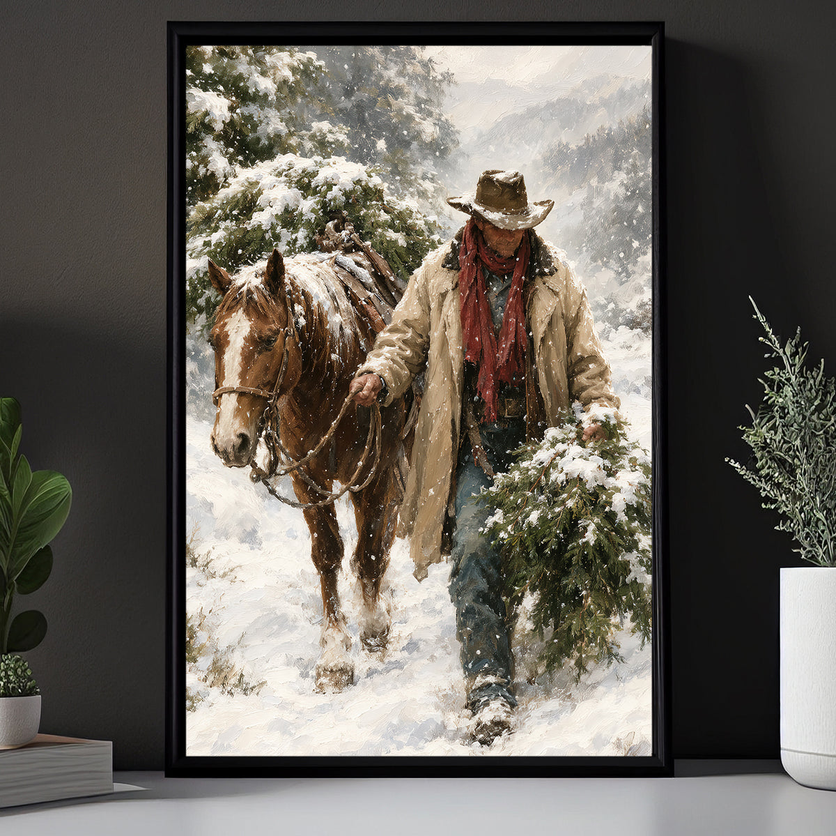 Christmas Santa Cowboy Canvas Painting, Cowboy And Horse Bringing Home Wall Art Decor, Xmas Poster Gift For Cowboys