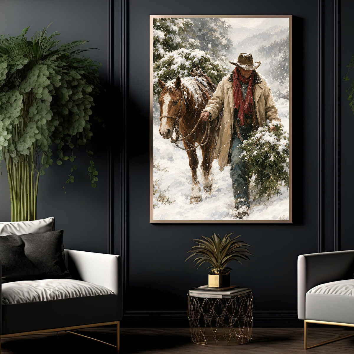Christmas Santa Cowboy Canvas Painting, Cowboy And Horse Bringing Home Wall Art Decor, Xmas Poster Gift For Cowboys