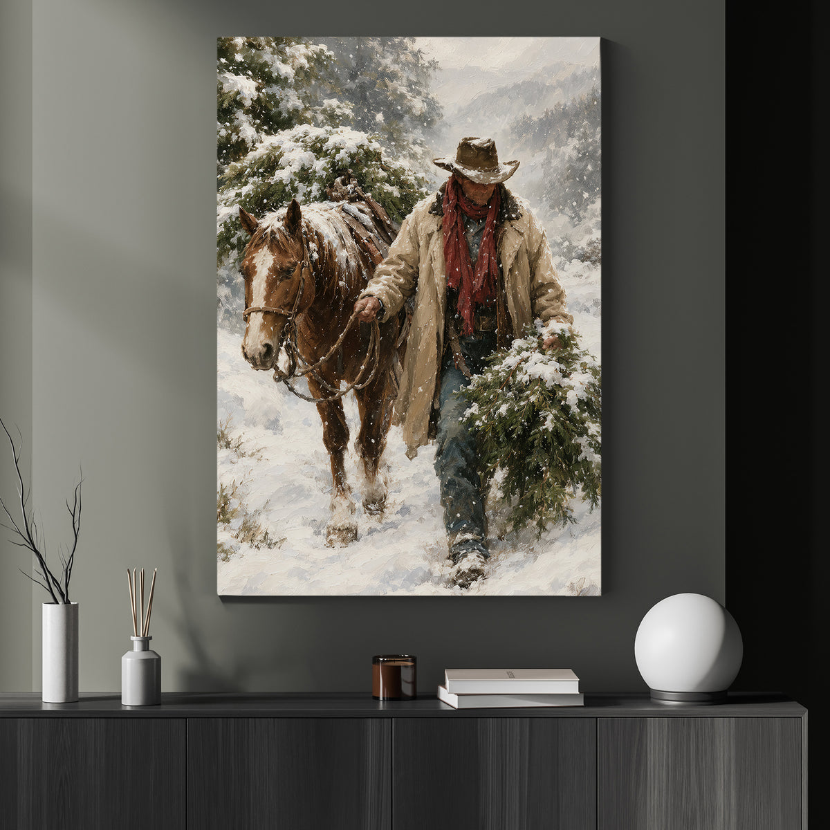 Christmas Santa Cowboy Canvas Painting, Cowboy And Horse Bringing Home Wall Art Decor, Xmas Poster Gift For Cowboys