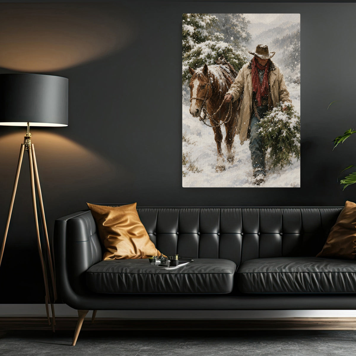 Christmas Santa Cowboy Canvas Painting, Cowboy And Horse Bringing Home Wall Art Decor, Xmas Poster Gift For Cowboys