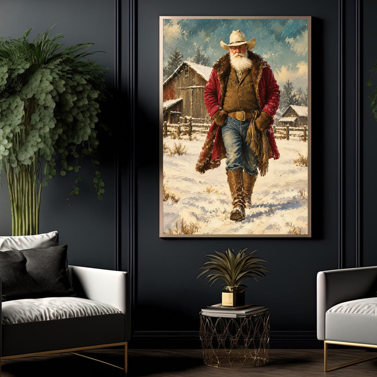 Western Christmas Cowboy Canvas Painting, Howdy Christmas Cowboy Santa Wall Art Decor, Xmas Poster Gift For Cowboys