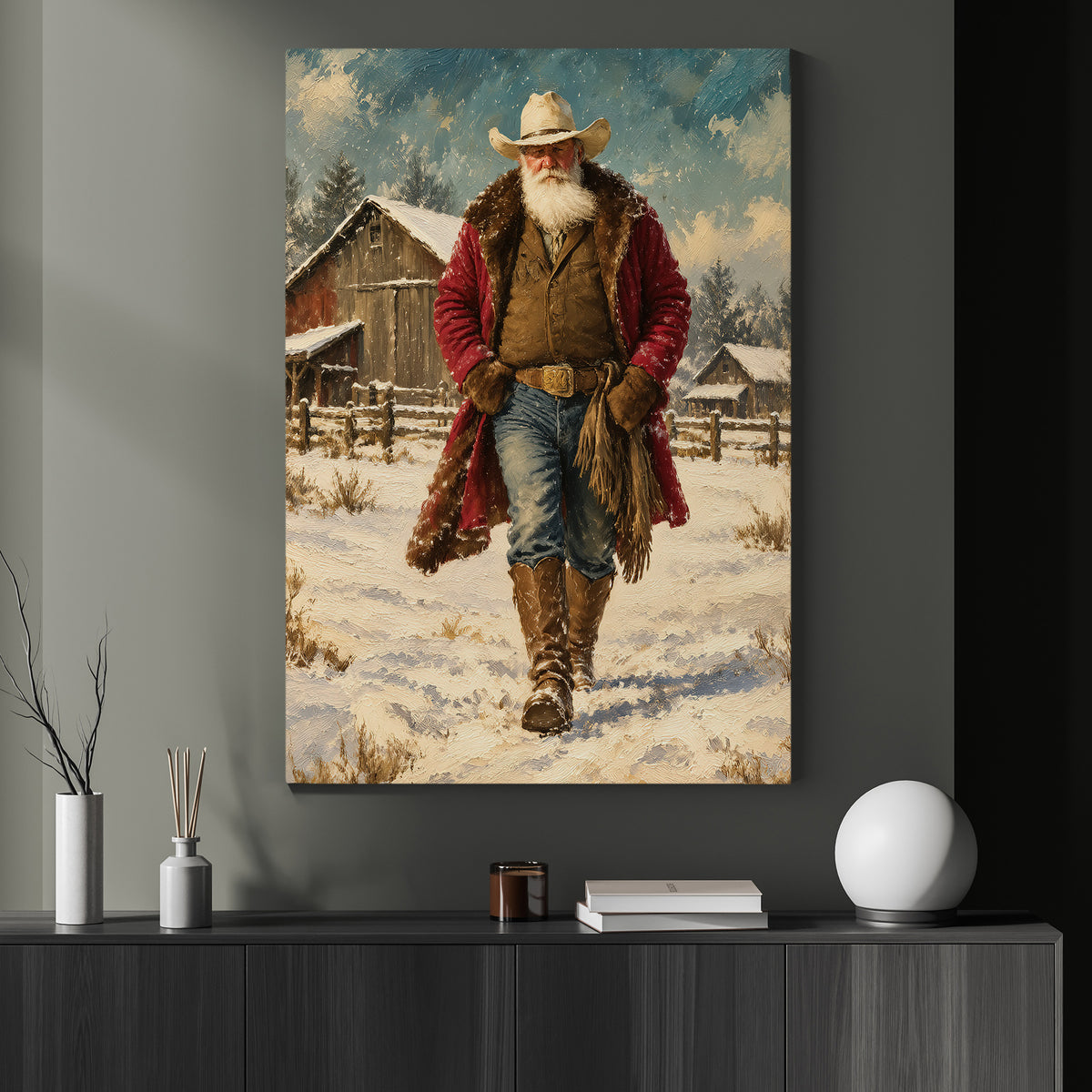 Western Christmas Cowboy Canvas Painting, Howdy Christmas Cowboy Santa Wall Art Decor, Xmas Poster Gift For Cowboys